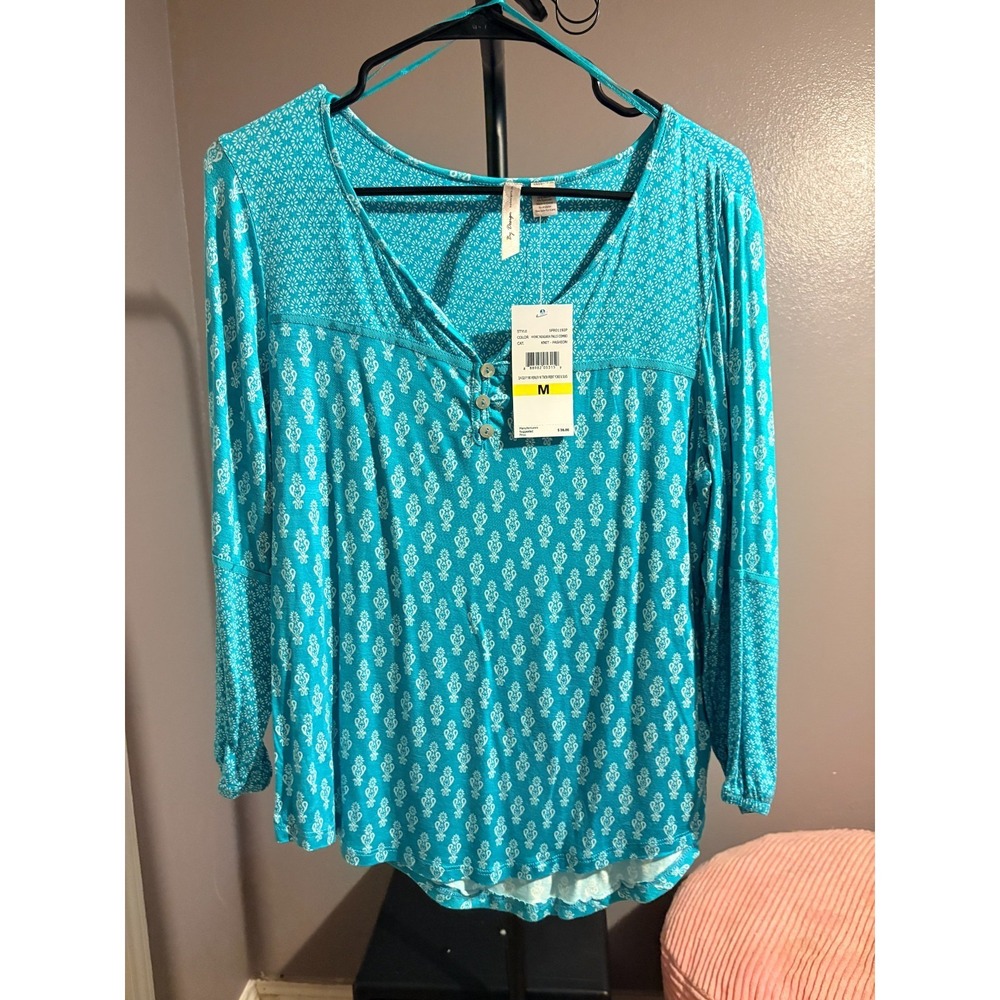 By Design - 3/4‎ Sleeve Blue Henley Blouse with Paisley Print Sz M - NWT